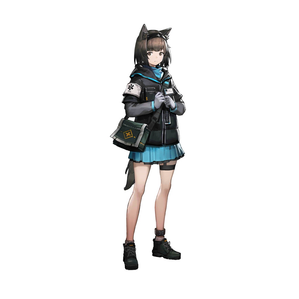 infection monitor (arknights), arknights, official art, third-party source, 1girl, animal ears, armband, black armband, black hairband, black jacket, black shoes, blue skirt, brown eyes, brown hair, closed mouth, full body, gloves, grey gloves, hairband, jacket, layered sleeves, long sleeves, looking at viewer, rhodes island medic operator (arknights), rhodes island uniform, shoes, short over long sleeves, short sleeves, simple background, skirt, solo, standing, tachi-e, tail, thigh strap, transparent background