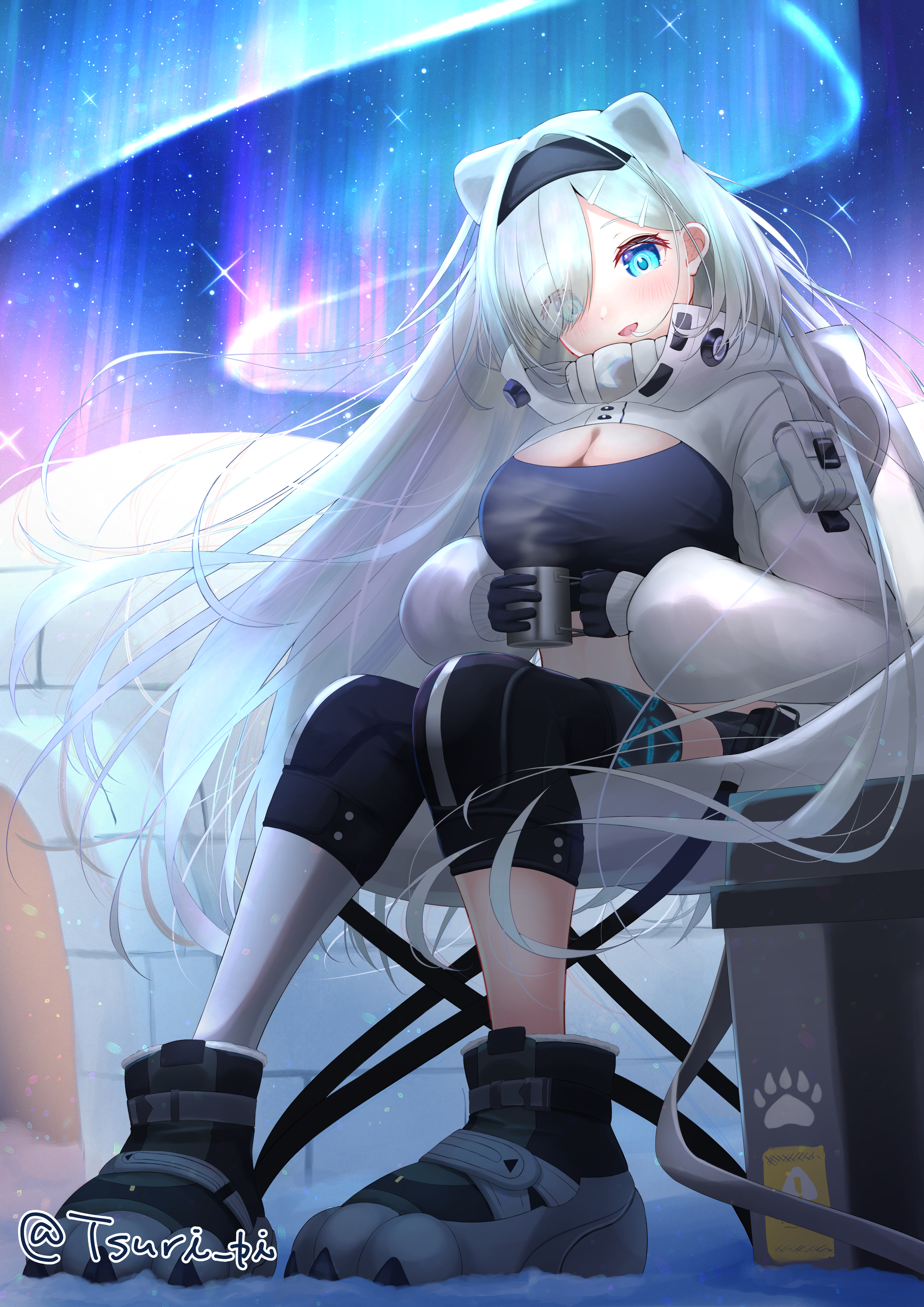 tsuri pi, aurora (arknights), aurora (elite ii) (arknights), arknights, absurdres, commentary request, highres, 1girl, :d, animal ears, aurora, bear ears, bear girl, black gloves, black hairband, black sports bra, blue eyes, blush, breasts, chair, cleavage, cup, extra ears, floating hair, folding chair, gloves, hairband, holding, holding cup, igloo, large breasts, long hair, long sleeves, looking at viewer, name connection, night, night sky, on chair, open mouth, outdoors, paw shoes, puffy long sleeves, puffy sleeves, shrug (clothing), sitting, sky, smile, snow shelter, solo, sports bra, star (sky), starry sky, steam, trash can, twitter username, very long hair, white hair, white shrug