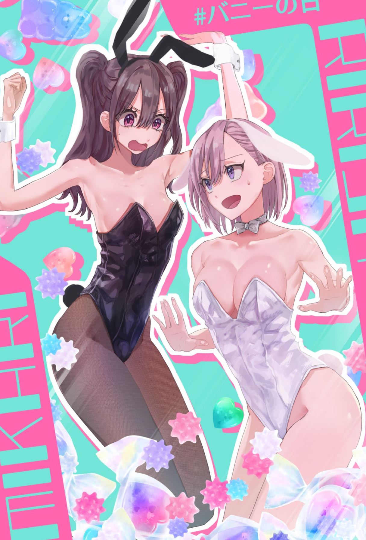amano ririsa, tachibana mikari, 2.5 jigen no ririsa, highres, 2girls, animal ears, aqua background, arms up, black leotard, black pantyhose, bow, bowtie, breasts, brown hair, character name, collarbone, crabityo, fake animal ears, fake tail, highleg, highleg leotard, large breasts, leotard, long hair, medium breasts, multiple girls, open mouth, pantyhose, pink hair, playboy bunny, purple eyes, rabbit ears, rabbit tail, shiny skin, short hair, smile, strapless, strapless leotard, tail, two side up, white bow, white bowtie, white leotard, white wrist cuffs, wrist cuffs