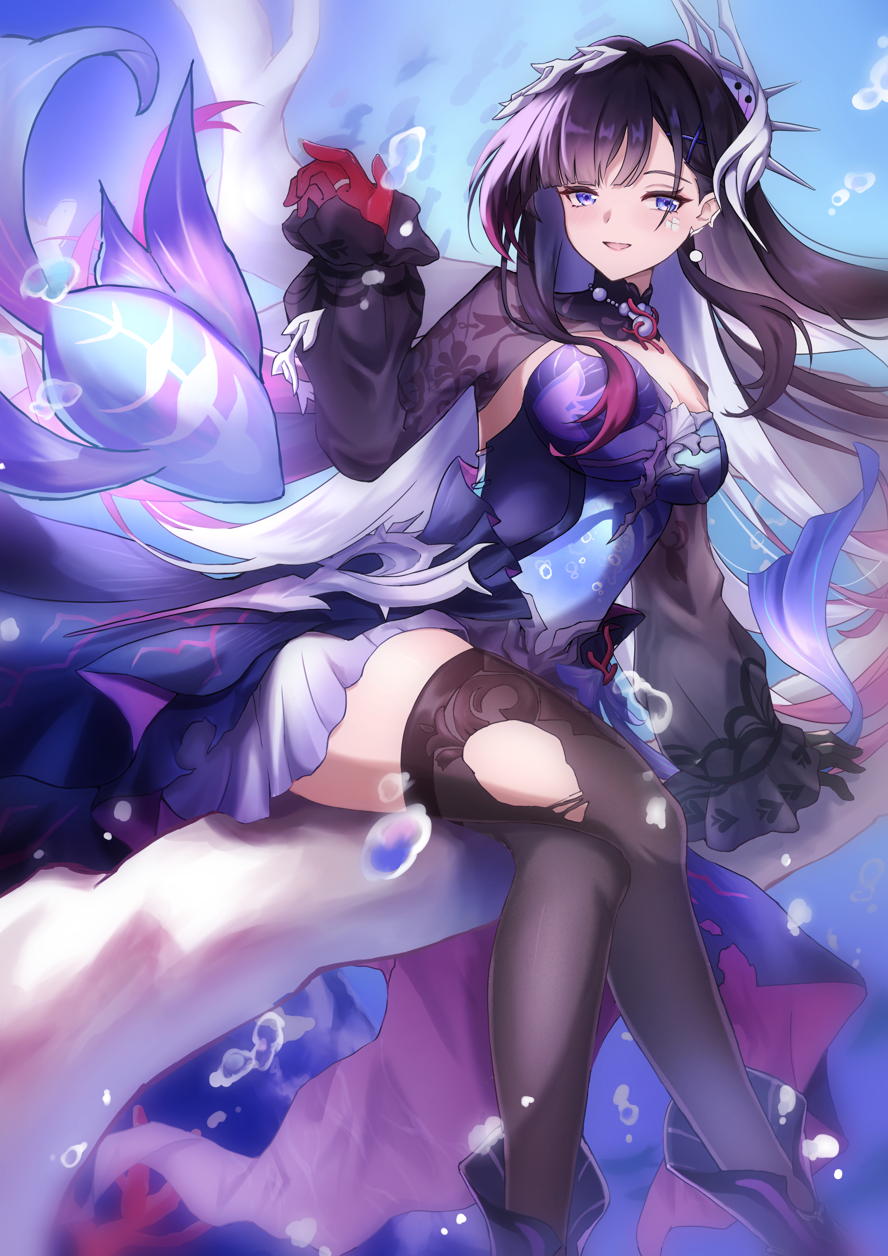 hysilens (honkai: star rail), honkai: star rail, honkai (series), absurdres, commentary request, highres, 1girl, air bubble, asymmetrical gloves, black gloves, black hair, black shrug, black thighhighs, breasts, bubble, cleavage, colored inner hair, crossed legs, dress, earrings, feet out of frame, fish, gloves, hair ornament, hand up, jewelry, large breasts, long hair, long sleeves, looking at viewer, mako (cvyt5325), mismatched gloves, multicolored hair, open mouth, purple eyes, red gloves, scales, see-through body, shrug (clothing), single earring, sitting, smile, solo, thighhighs, torn clothes, torn thighhighs, underwater, underwear, very long hair, zettai ryouiki