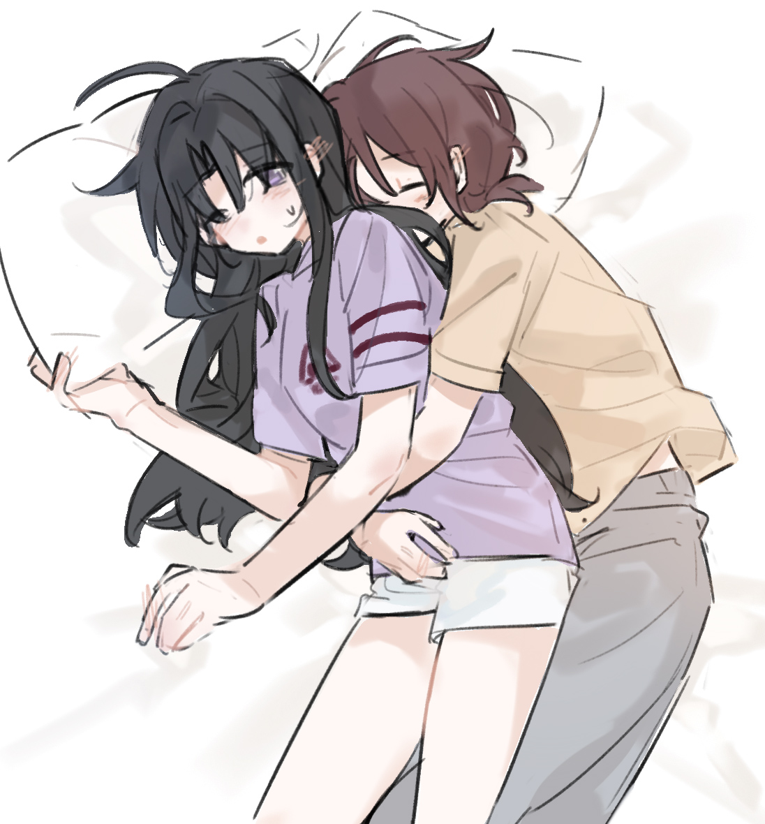 awa subaru, iseri nina, girls band cry, artist request, commentary, commission, hashtag-only commentary, second-party source, 2girls, black hair, blush, closed eyes, cuddling, ear blush, grey pants, hug, hug from behind, long hair, multiple girls, pants, parted lips, pillow, purple eyes, purple shirt, red hair, shirt, short sleeves, shorts, simple background, white background, white shorts, yellow shirt, yuri