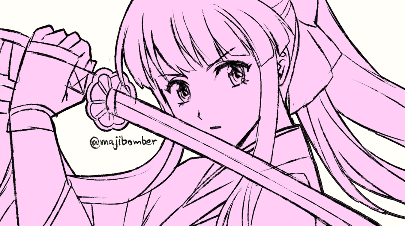 shinguuji sakura, sakura taisen, sega, highres, 1girl, artist name, fighting stance, fingerless gloves, gloves, hair ribbon, japanese clothes, long hair, looking at viewer, monochrome, ponytail, ribbon, serious, sketch, solo, sword, weapon