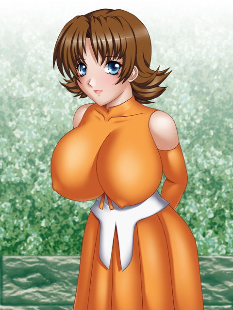 gundam, tagme, 1girl, blue eyes, breasts, brown hair, covered erect nipples, cowboy shot, dress, female focus, huge breasts, nipples, short hair, solo, standing