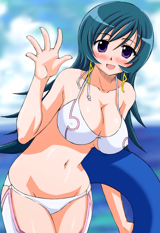 rikumoto yoshiyuki, kotona elegance, zoids, zoids genesis, 00s, bikini, blush, breasts, covered erect nipples, day, innertube, large breasts, leaning forward, navel, purple eyes, solo, swim ring, swimsuit, thighhighs, waving, white bikini