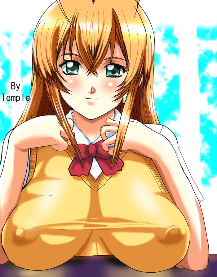 temple (artist), sonsaku hakufu, ikkitousen, 00s, blonde hair, bow, breasts, cleavage, covered erect nipples, green eyes, large breasts, nipples, school uniform, see-through clothes, serafuku, sitting, smile