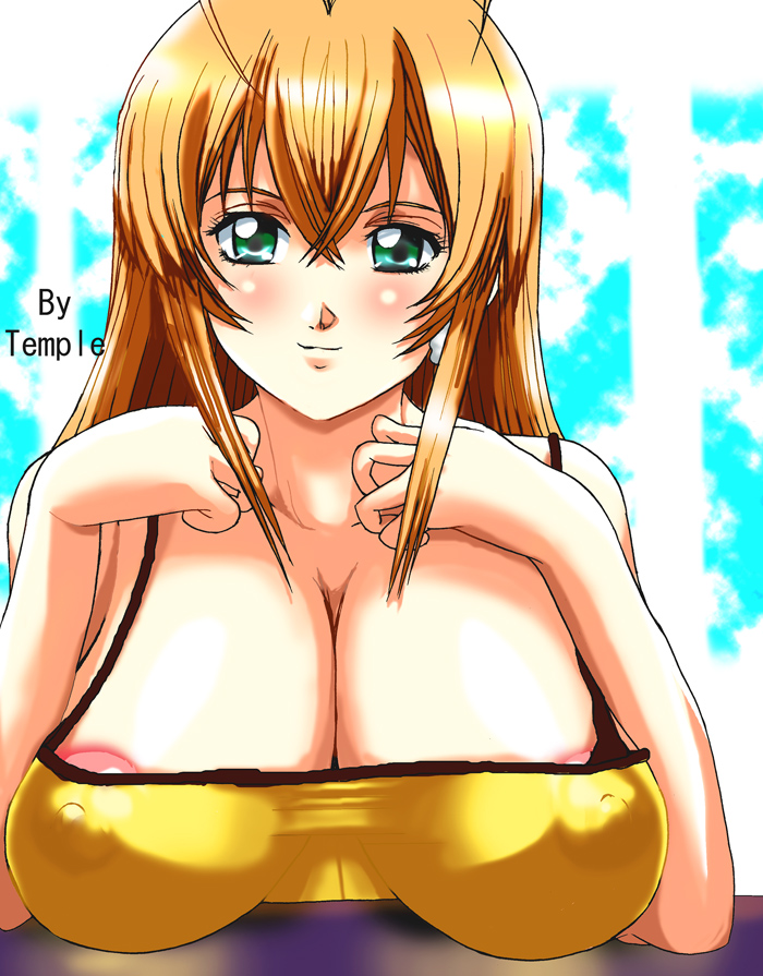 blonde hair, breasts, cleavage, green eyes, large breasts, nipples, see-through clothes, sitting, smile, tank top