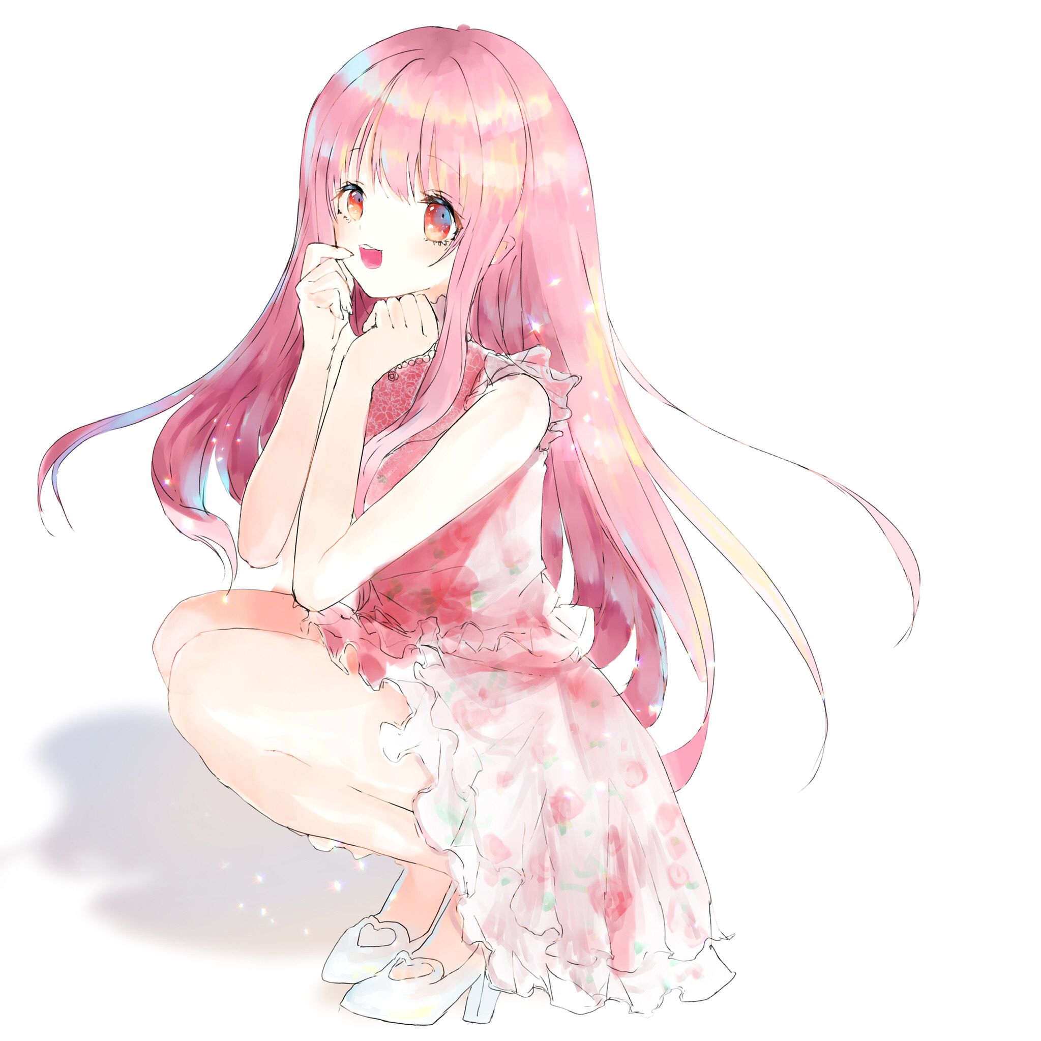 nekoneko gon, nikki (nikki), miracle nikki, nikki (series), highres, 1girl, bare arms, bare legs, bare shoulders, bead necklace, beads, brown eyes, clothing cutout, dress, eyelashes, floral print, frilled dress, frills, full body, hands on own cheeks, hands on own face, happy, heart cutout, high heels, jewelry, light blush, light particles, long hair, long sidelocks, necklace, open mouth, pink dress, pink hair, pumps, rose print, shadow, shirt, shoes, short dress, sidelocks, simple background, sleeveless, sleeveless dress, smile, solo, squatting, tareme, teeth, turtleneck, turtleneck shirt, upper teeth only, very long hair, white background, white shoes