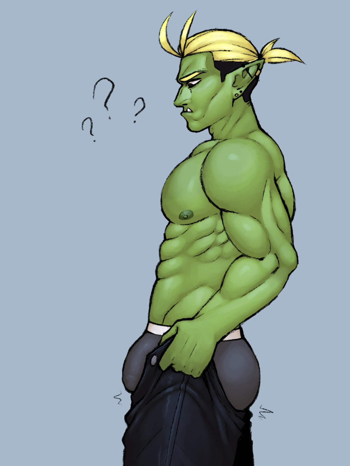 dreamscreep, derivative work, highres, 1boy, ?, ??, abs, antenna hair, bara, barbell piercing, bare pectorals, blonde hair, bulge, colored skin, comic panel redraw, covered penis, drawfee, drawtectives, ear piercing, earrings, frown, green skin, gyorik rogdul, industrial piercing, jewelry, male focus, muscular, muscular male, nipples, orc, pectorals, piercing, pointy ears, ponytail, short hair, undercut