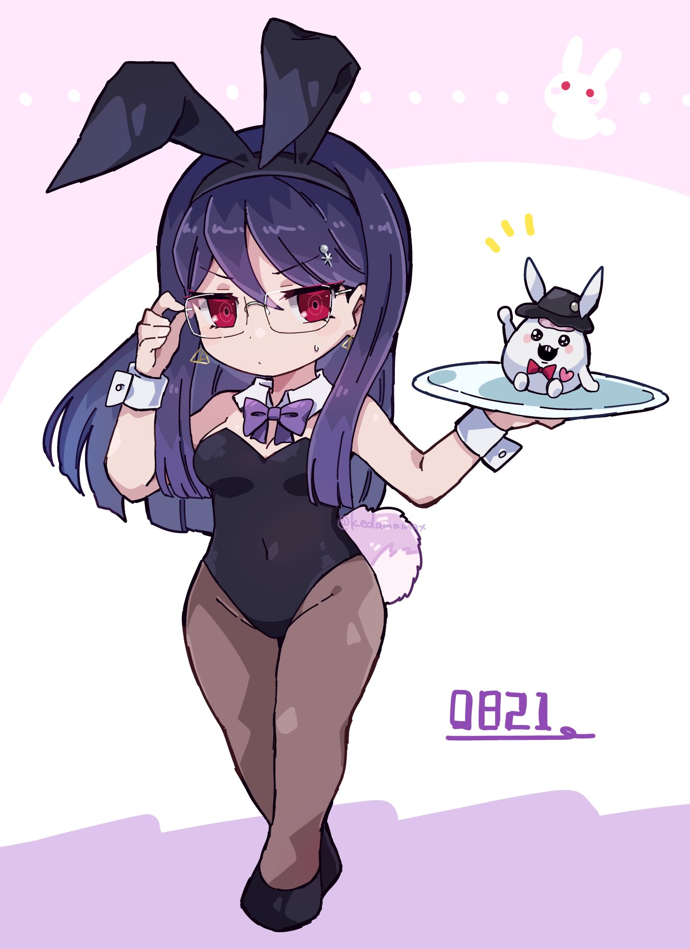 kedamamax, shizuhara hiruko, sirei (hundred line), the hundred line -last defense academy-, commentary, highres, symbol-only commentary, 1girl, adjusting eyewear, animal ears, black hat, black leotard, black shoes, bow, bowtie, brown pantyhose, bunny day, detached collar, earrings, fake animal ears, full body, glasses, hat, holding, holding tray, jewelry, leotard, long hair, notice lines, pantyhose, playboy bunny, purple bow, purple hair, rabbit ears, rabbit tail, red bow, red bowtie, red eyes, shoes, small sweatdrop, tail, tray, wrist cuffs