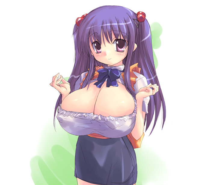 ga015, 1girl, blush, breasts, female focus, hair bobbles, hair ornament, huge breasts, large breasts, long hair, miniskirt, pencil skirt, skirt, solo, twintails, waitress