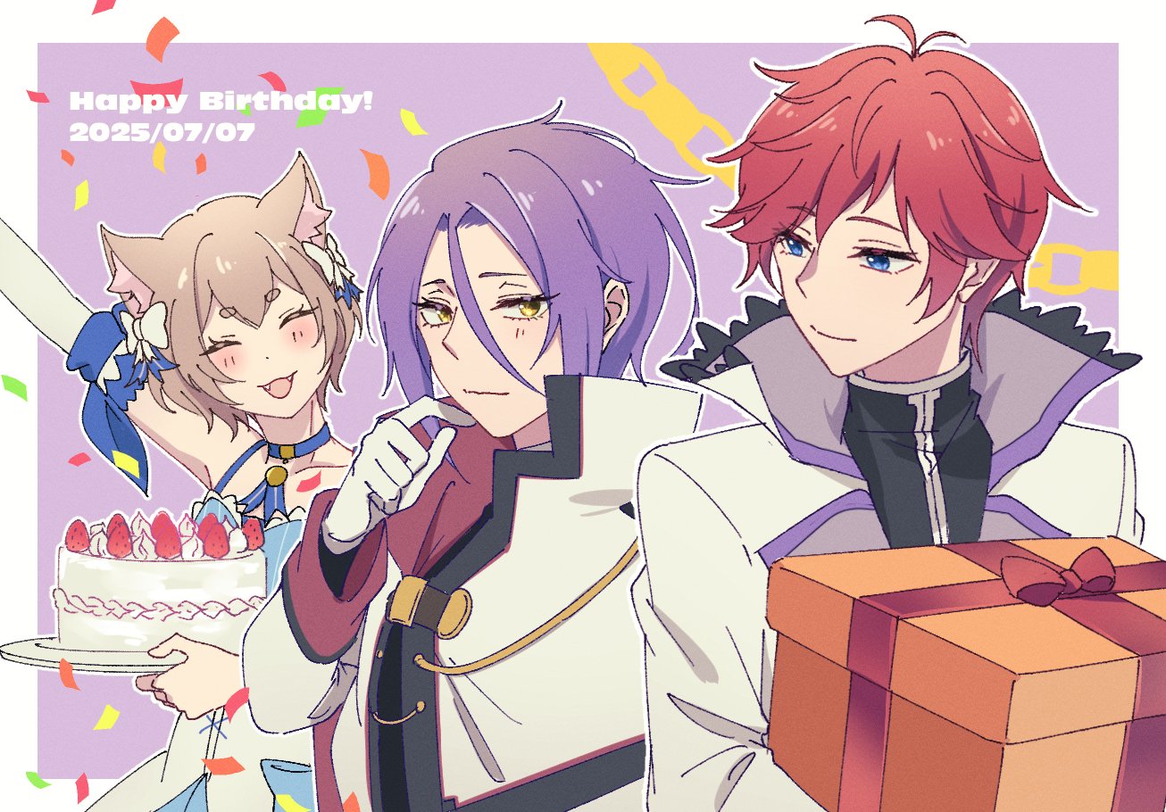 felix argyle, julius juukulius, reinhard van astrea, re:zero kara hajimeru isekai seikatsu, animal ears, birthday, blue eyes, blush, bow, brown hair, cake, cat ears, celebration, choker, closed mouth, coat, confetti, english text, everyone, food, gift, gloves, hair between eyes, holding, looking at another, multiple boys, oshi suko1, purple background, purple hair, red hair, ribbon, short hair, simple background, smile, text background, yellow eyes
