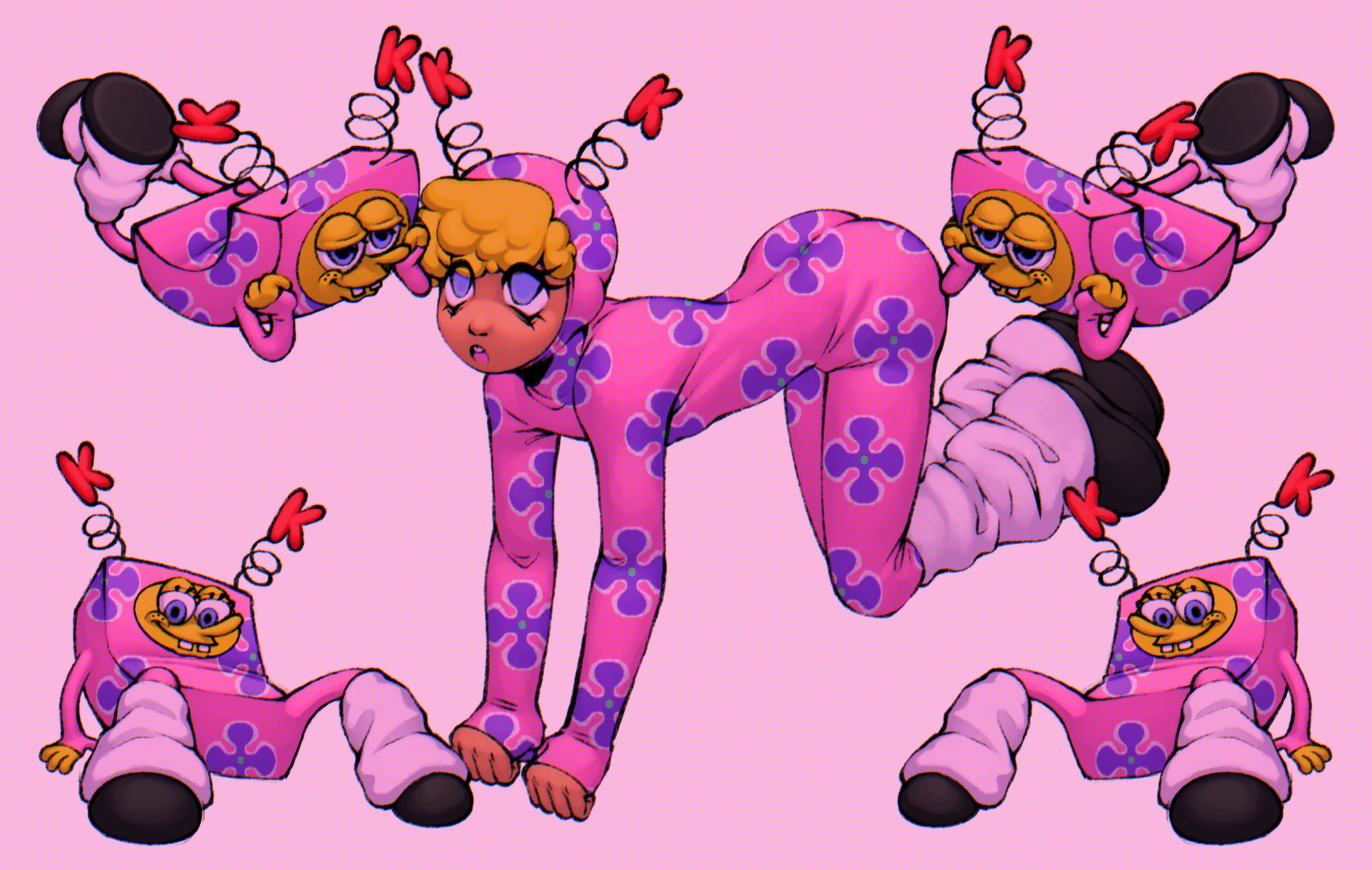 dreamscreep, spongebob squarepants, spongebob squarepants (series), absurdres, highres, all fours, animification, ass, blonde hair, blue eyes, cosplay, eyelashes, floral print, girly boy, humanization, jumpsuit, kuddly krab uniform, leg warmers, official alternate costume, smile