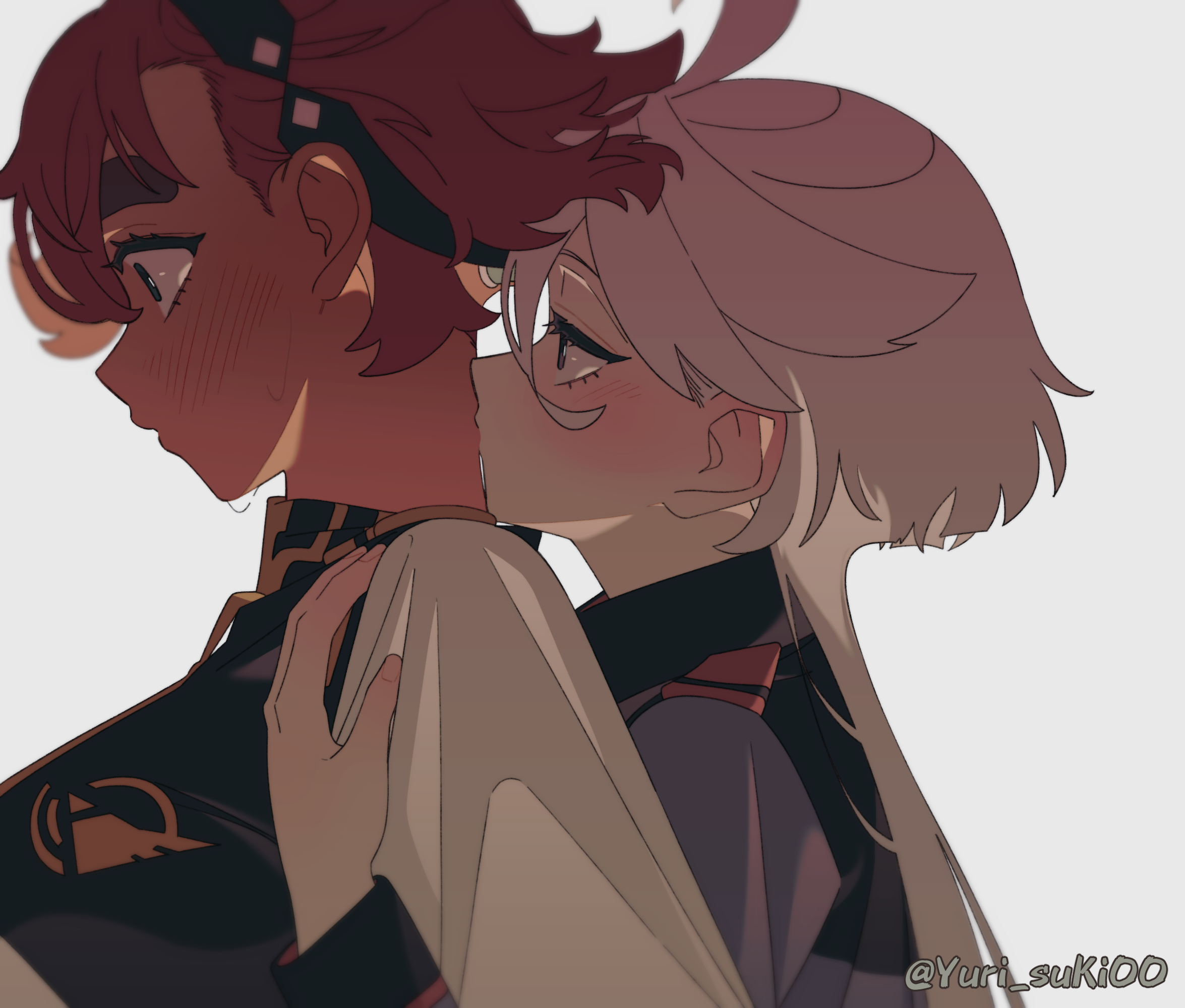 yurisuki00, miorine rembran, suletta mercury, gundam, gundam suisei no majo, commentary, highres, 2girls, asticassia school uniform, black hairband, blush, grey background, grey eyes, hairband, jacket, kiss, kissing neck, long hair, looking at another, multiple girls, red hair, school uniform, simple background, sweat, thick eyebrows, upper body, white hair, white jacket, yuri