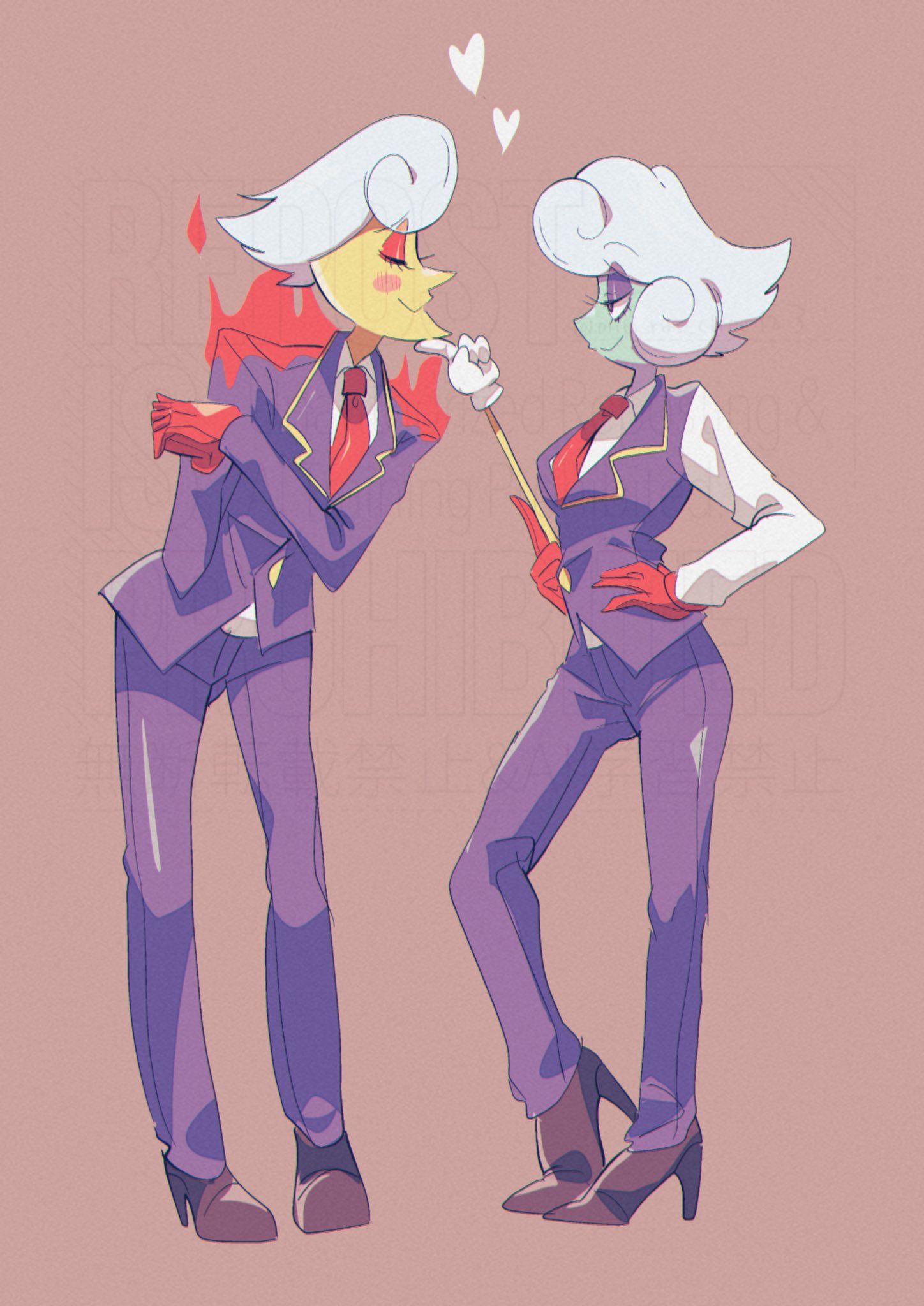 elnina (deltarune), lanino (deltarune), deltarune, utdr (toby fox), highres, 1boy, 1girl, black shoes, black vest, blue skin, blush stickers, closed eyes, collared shirt, colored skin, fire, full body, gloves, heart, jacket, looking at another, mim rac chee123, necktie, pants, purple jacket, purple pants, red gloves, red necktie, shirt, shoes, short hair, smile, vest, white hair, white shirt, yellow skin