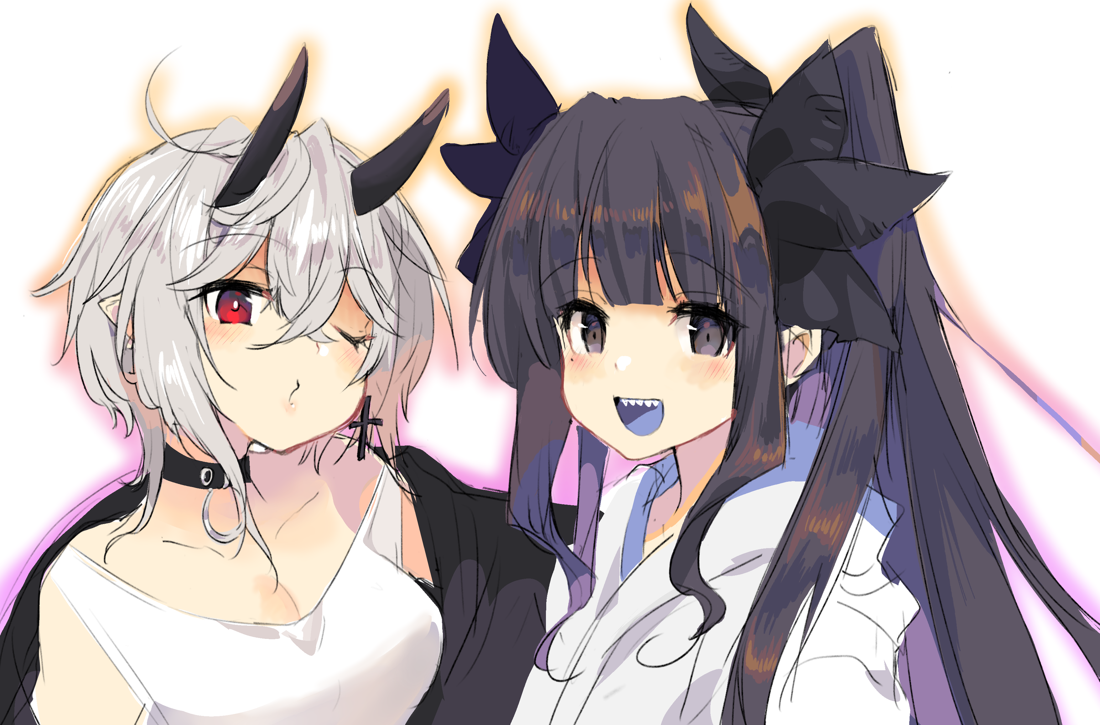 axia (03400441), artemis of the blue, rinkya, atelier live, indie virtual youtuber, imp, absurdres, commentary, commission, highres, skeb commission, 2girls, black hair, black horns, blue tongue, breasts, cleavage, colored tongue, grey hair, hood, hood down, hoodie, horns, long hair, mole, mole under eye, multiple girls, one eye closed, ponytail, red eyes, shark girl, sharp teeth, teeth, virtual youtuber, white hoodie