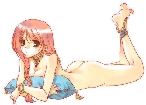 lowres, ass, barefoot, bracelet, feet, jewelry, nude, pillow, pink hair, red hair