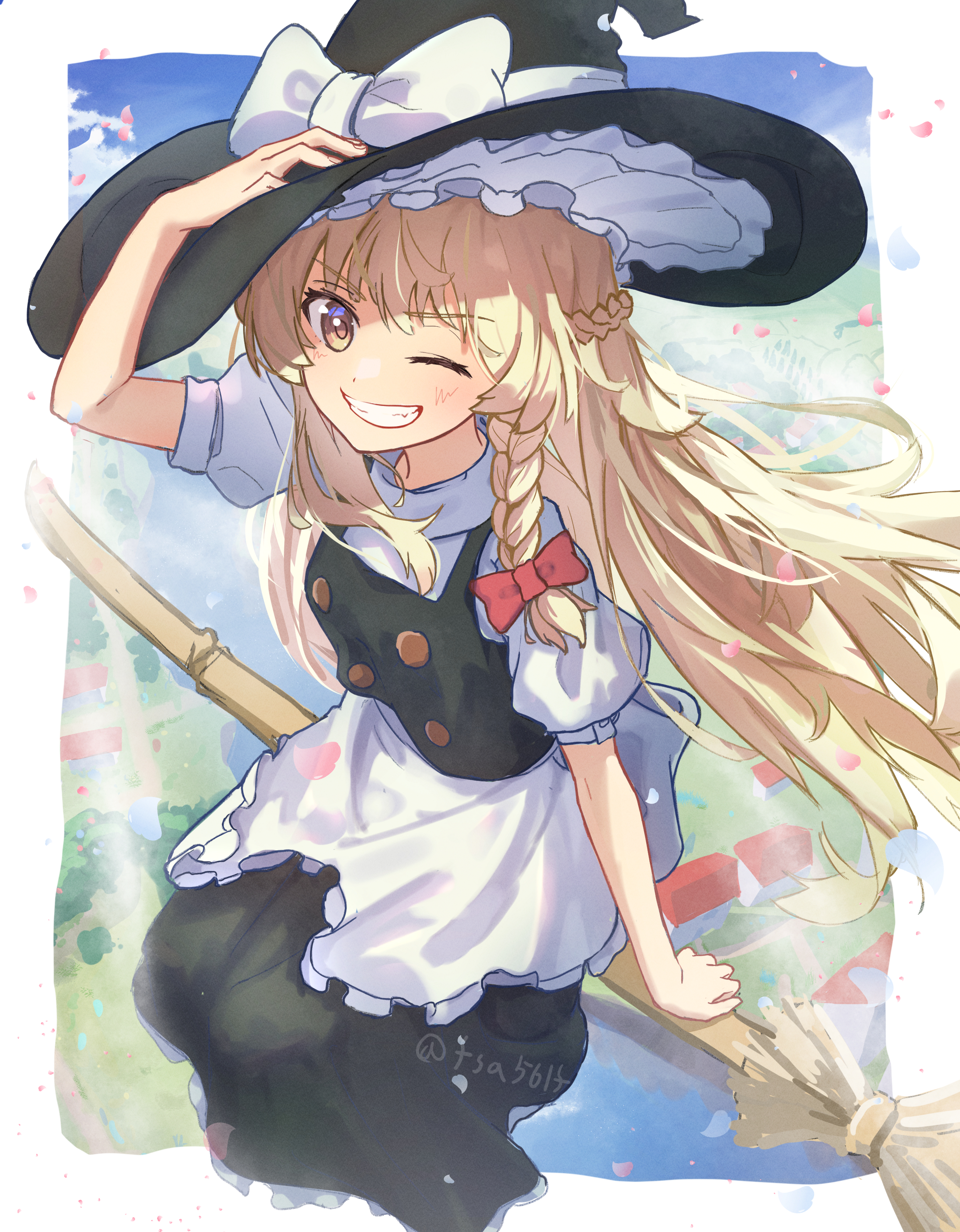 traum, kirisame marisa, touhou, absurdres, chinese commentary, commentary request, highres, 1girl, apron, back bow, bamboo broom, black hat, black skirt, black vest, blonde hair, blue petals, blue sky, blush, bow, braid, broom, broom riding, building, buttons, cloud, flying, foliage, frilled apron, frills, from above, grin, hair bow, half up braid, hand on headwear, hat, hat bow, long hair, one eye closed, open mouth, path, pink petals, puffy short sleeves, puffy sleeves, red bow, river, road, shirt, short sleeves, side braid, skirt, sky, smile, solo, vest, white apron, white bow, white shirt, witch hat, yellow eyes