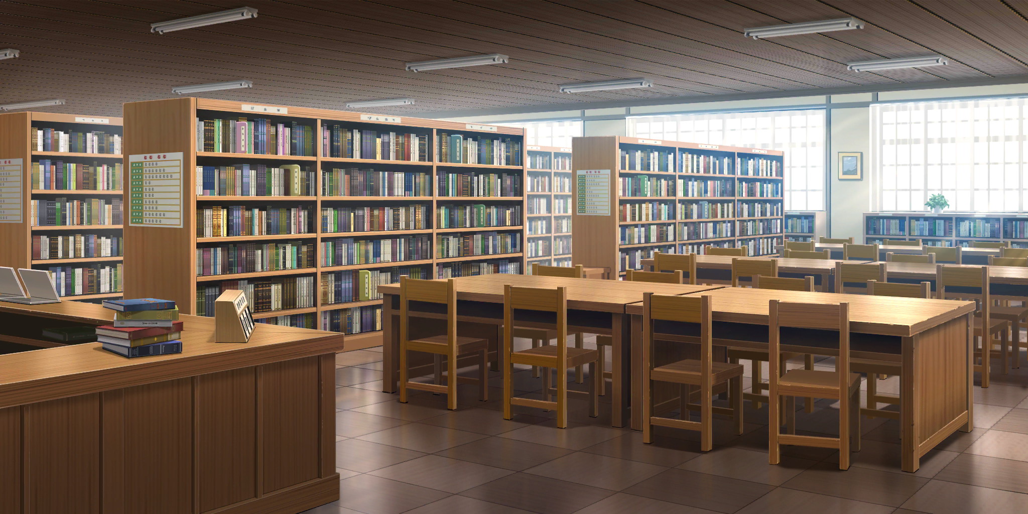 touhou, touhou lostword, artist request, game cg, highres, third-party source, book, book stack, chair, day, desk, fluorescent lamp, indoors, library, no humans, picture frame, scenery, tile floor, tiles, window