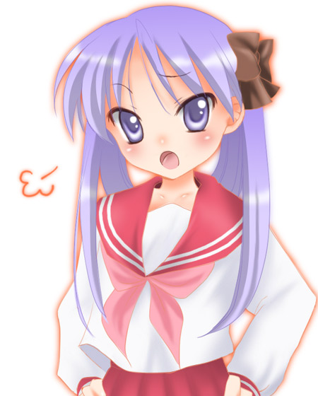 hiiragi kagami, lucky star, 00s, 1girl, female focus, hair ribbon, long hair, open mouth, purple eyes, purple hair, ribbon, school uniform, serafuku, simple background, solo, twintails