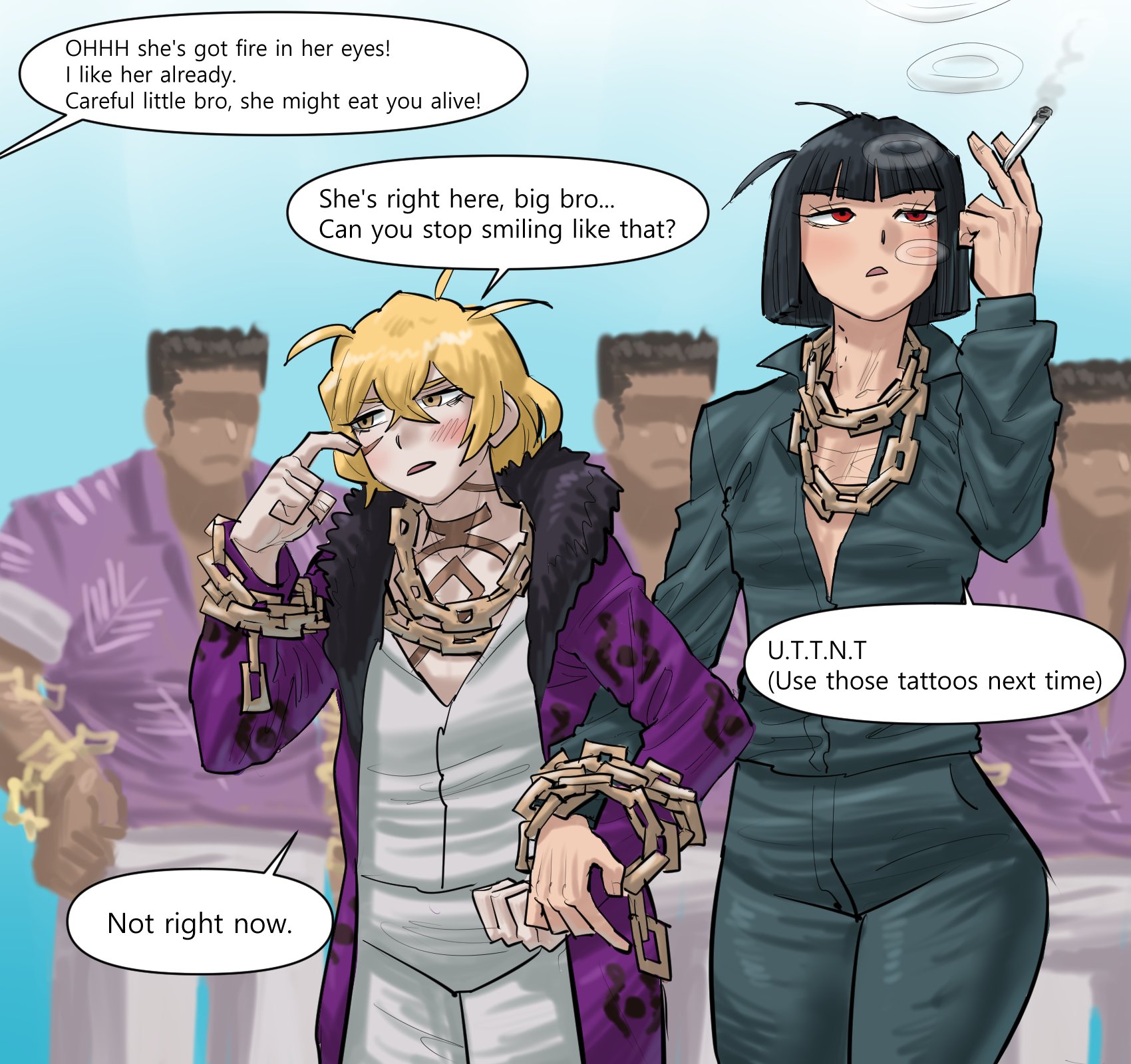 heppari, ryoshu (project moon), sinclair (project moon), limbus company, project moon, commentary, commission, english commentary, highres, 1girl, 4boys, aftersex, bite mark, black hair, blonde hair, blush, chain, chain necklace, chest tattoo, cigarette, coat, collared shirt, english text, facial tattoo, flat chest, fur-trimmed coat, fur trim, hetero, holding, holding cigarette, jewelry, locked arms, long sleeves, messy hair, multiple boys, necklace, open mouth, purple coat, red eyes, scar, scratching cheek, shirt, short hair, smoke, smoke ring, speech bubble, tattoo, white shirt