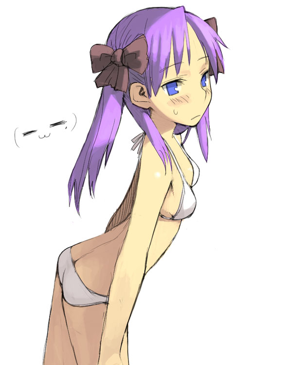 yu 65026, hiiragi kagami, izumi konata, lucky star, 00s, 1girl, ass, bikini, blue eyes, blush, breasts, flat chest, halterneck, purple hair, sideboob, small breasts, solo focus, swimsuit, twintails