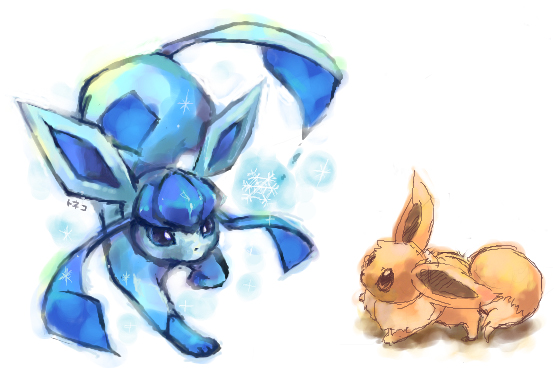toneko, eevee, glaceon, nintendo, pokemon, commentary request, animal focus, blue eyes, brown eyes, full body, gen 1 pokemon, gen 4 pokemon, no humans, pokemon (creature), pokemon focus, simple background, snowflakes, white background