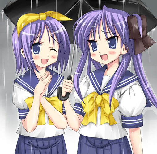 kiriya haruhito, hiiragi kagami, hiiragi tsukasa, lucky star, 00s, 2girls, blush, bow, female focus, happy, multiple girls, one eye closed, pleated skirt, rain, school uniform, serafuku, shared umbrella, siblings, sisters, skirt, twins, twintails, umbrella, wink