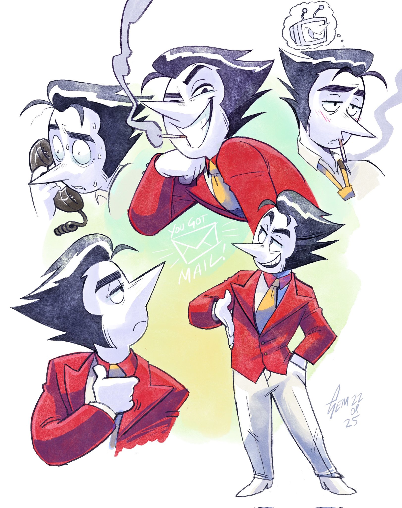 ant tenna, spamton g. spamton, spamton g. spamton (big shot), deltarune, utdr (toby fox), commentary, english commentary, highres, 1boy, adjusting clothes, adjusting necktie, black eyes, black hair, blush, cigarette, corded phone, dated, holding, holding phone, jacket, long nose, male focus, multiple views, necktie, obagams, pants, phone, pointy nose, red jacket, shoes, short hair, signature, smile, smoke, smoke trail, smoking, speech bubble, sweat, teeth, thick eyebrows, thought bubble, white pants, white shoes, yellow necktie