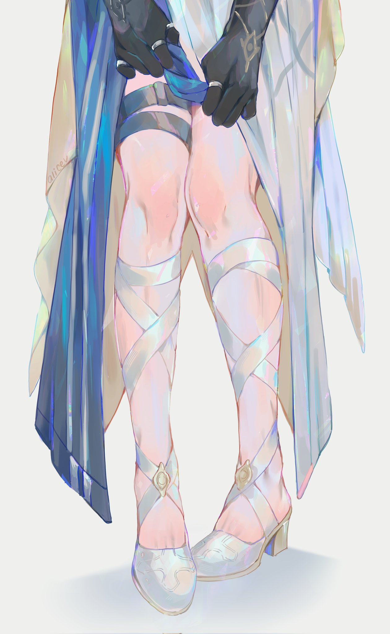 alicevseliet, sunday (honkai: star rail), honkai: star rail, honkai (series), hashtag-only commentary, highres, 1boy, alternate costume, black gloves, embarrassed, girly boy, gloves, jewelry, legs together, lower body, male focus, multiple rings, ring, simple background, solo, thigh strap, thighs, white background