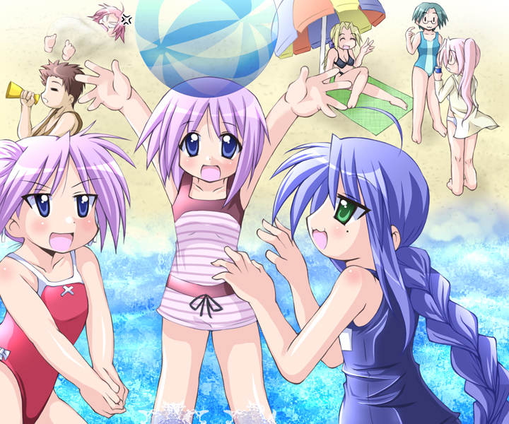 hiiragi kagami, hiiragi tsukasa, izumi konata, kogami akira, kuroi nanako, narumi yui, shiraishi minoru, takara miyuki, lucky star, tagme, 00s, 6+girls, antenna hair, back, ball, beach, bikini, blonde hair, blue eyes, blue hair, blue one-piece swimsuit, blue school swimsuit, braid, cousins, glasses, green eyes, green hair, long hair, mole, mole under eye, multiple girls, one-piece swimsuit, open mouth, pink hair, purple hair, sand, school swimsuit, short hair, siblings, sisters, sitting, standing, swimsuit, tongue, twins, very long hair, water