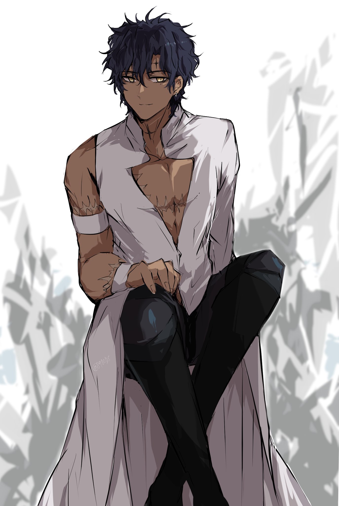 sodamachi, tyki mikk, d.gray-man, highres, 1boy, abstract background, armband, black boots, black hair, black pants, boots, dark-skinned male, dark skin, earrings, facial mark, forehead mark, hair between eyes, hand on own thigh, hoop earrings, invisible chair, jewelry, light smile, long shirt, long sleeves, looking at viewer, male focus, mature male, messy hair, mole, mole under eye, neck tattoo, noah (d.gray-man), pants, pectoral cleavage, pectorals, scar, scar on arm, scar on chest, shirt, short hair, sidelocks, single bare shoulder, single sleeve, sitting, solo, tattoo, wavy hair, white armband, white background, white shirt, white wrist cuffs, wrist cuffs, yellow eyes