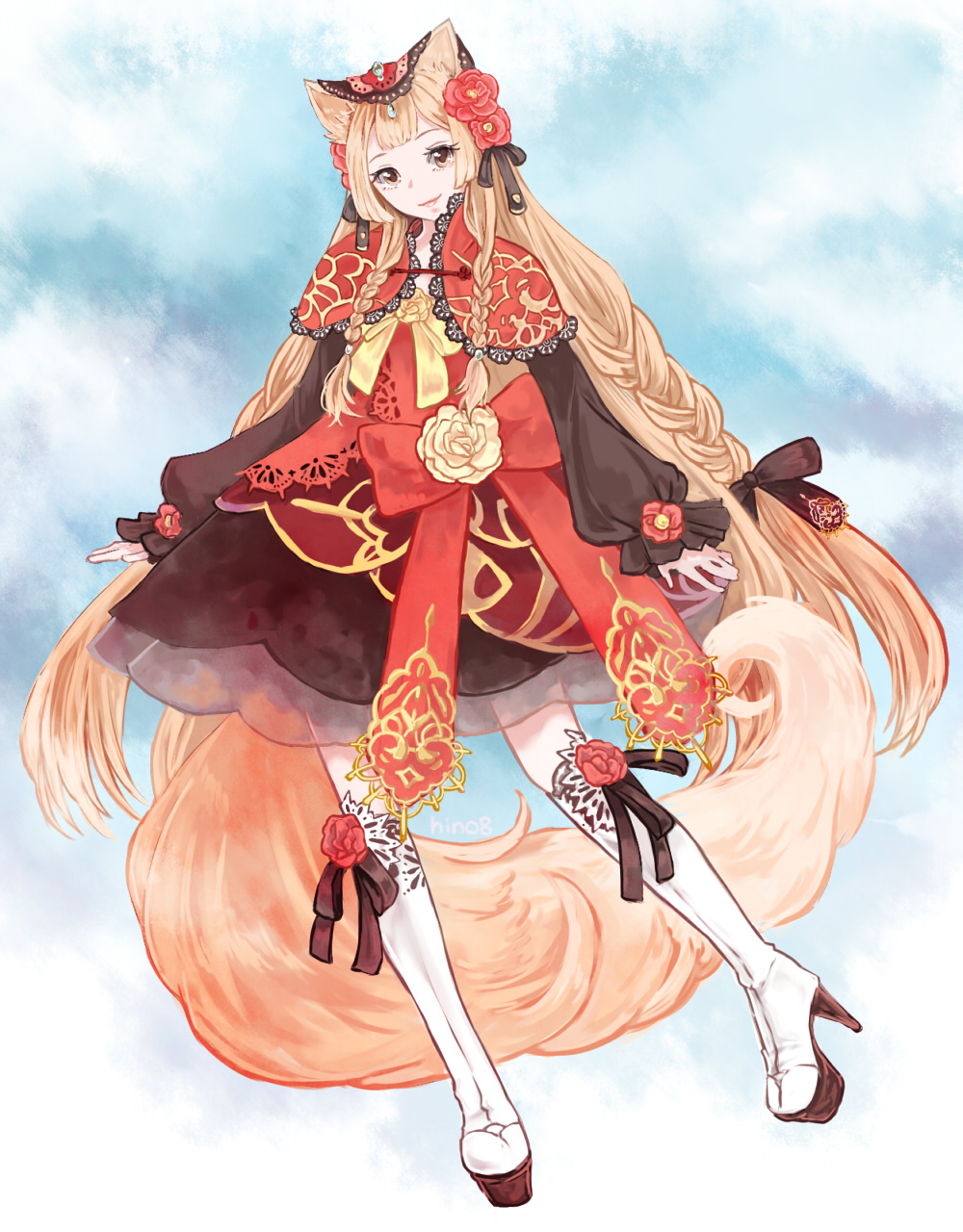 hino (8), miracle nikki, nikki (series), highres, 1girl, animal ears, black bow, black skirt, black veil, blonde hair, blue background, boots, bow, bowtie, braid, brooch, brown eyes, camellia, capelet, closed mouth, collared capelet, dress, eyelashes, floral print, flower, flower brooch, footwear bow, footwear flower, fox ears, fox girl, fox tail, frilled skirt, frilled sleeves, frills, full body, hair bow, hair flower, hair ornament, happy, high collar, high heel boots, high heels, jewelry, knee boots, lace-trimmed capelet, lace trim, lipstick, long hair, long sleeves, low twin braids, makeup, medium skirt, multiple braids, multiple hair bows, pink lips, poppy fox (miracle nikki), puffy long sleeves, puffy sleeves, red capelet, red dress, red flower, rose, short dress, skirt, skirt under dress, sleeves past wrists, smile, solo, standing, stiletto heels, tail, twin braids, veil, very long hair, waist bow, white boots, wrist flower, yellow bow, yellow bowtie, yellow flower, yellow rose