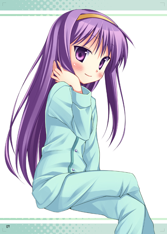 nullken, hiiragi kagami, lucky star, 00s, 1girl, crossed legs, female focus, long hair, pajamas, sitting, solo
