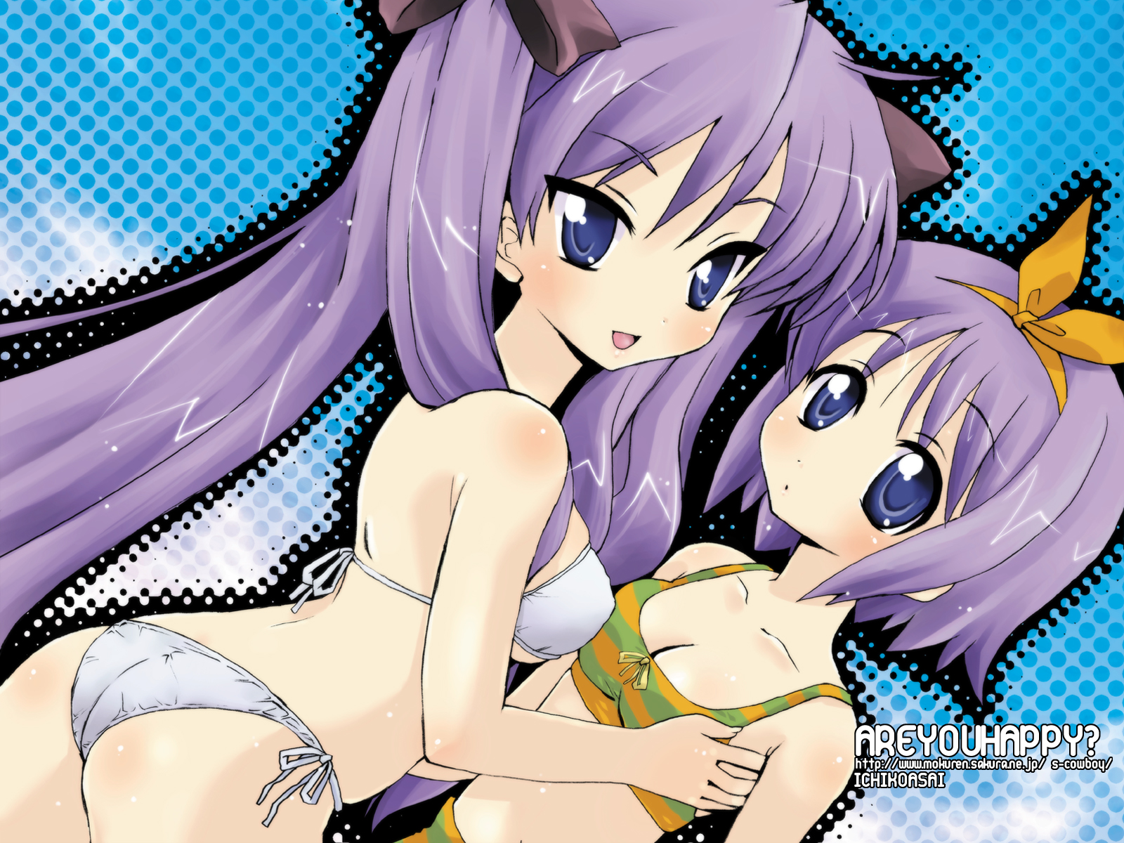 hiiragi kagami, hiiragi tsukasa, lucky star, highres, 00s, 2girls, :d, ass, bikini, blue eyes, breasts, cleavage, english text, female focus, hand on another's chest, long hair, looking at viewer, multiple girls, open mouth, purple hair, siblings, side-tie bikini bottom, sisters, smile, striped bikini, striped clothes, swimsuit, text focus, twins, watermark, web address, white bikini, yuri