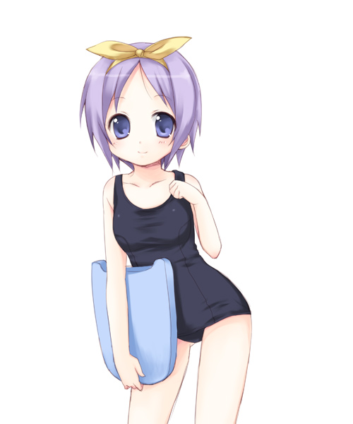 usashiro mani, hiiragi tsukasa, lucky star, 00s, 1girl, black one-piece swimsuit, female focus, kickboard, one-piece swimsuit, purple eyes, purple hair, school swimsuit, short hair, simple background, smile, solo, swimsuit