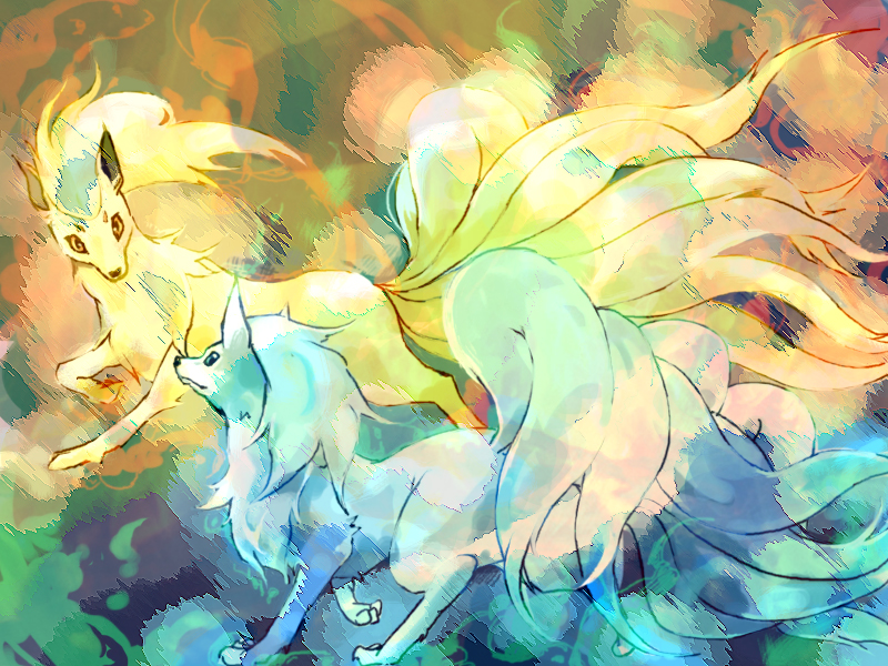 toneko, ninetales, nintendo, pokemon, commentary request, alternate color, blue eyes, fox, gen 1 pokemon, looking down, looking up, no humans, orange eyes, pokemon (creature), pokemon focus, shiny and normal, shiny pokemon, smile