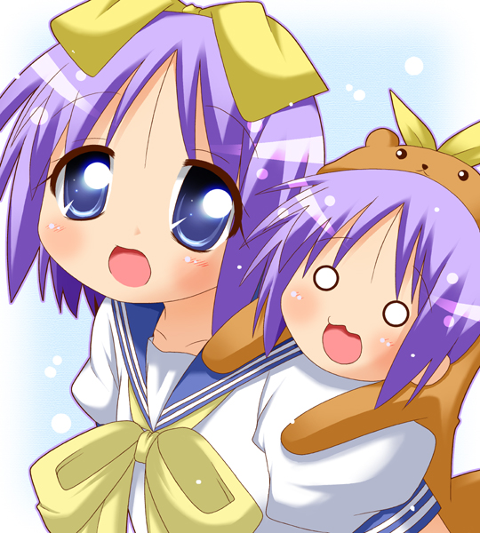 minami (colorful palette), bear tsukasa, capybara-san, hiiragi tsukasa, lucky star, 00s, 2girls, :3, animal costume, bear costume, blue eyes, blush, chibi, hair ribbon, multiple girls, o o, open mouth, piggyback, purple hair, ribbon, school uniform, serafuku, short hair, snowing