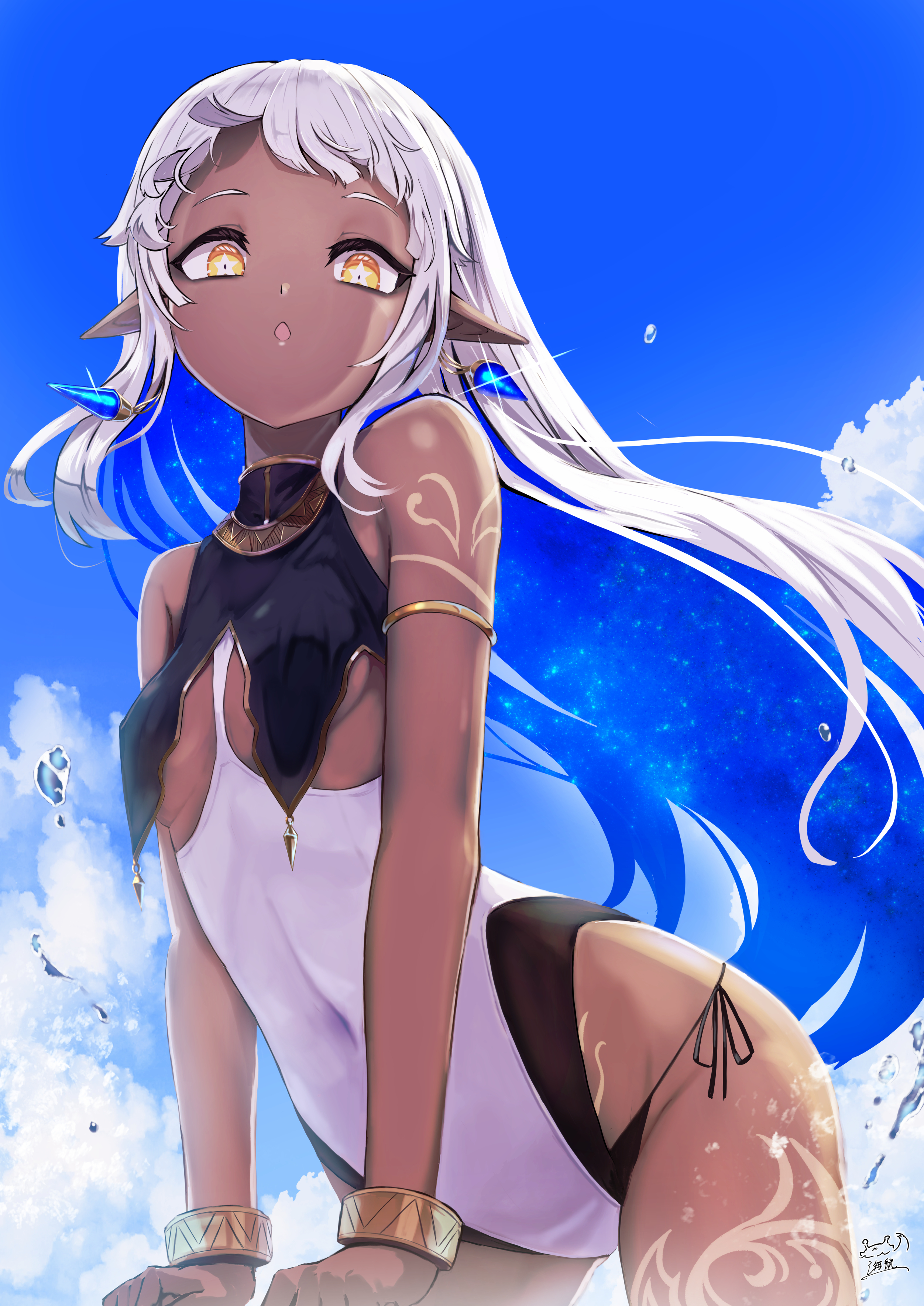 namako (namacotan), original, gold armlet, absurdres, highres, + +, 1girl, blue hair, blue sky, bracelet, breast curtains, breasts, colored inner hair, dark-skinned female, dark skin, gold bracelet, jewelry, leotard, long hair, looking at viewer, multicolored hair, panties, side-tie panties, sky, small breasts, two-tone hair, underwear, white hair, yellow eyes