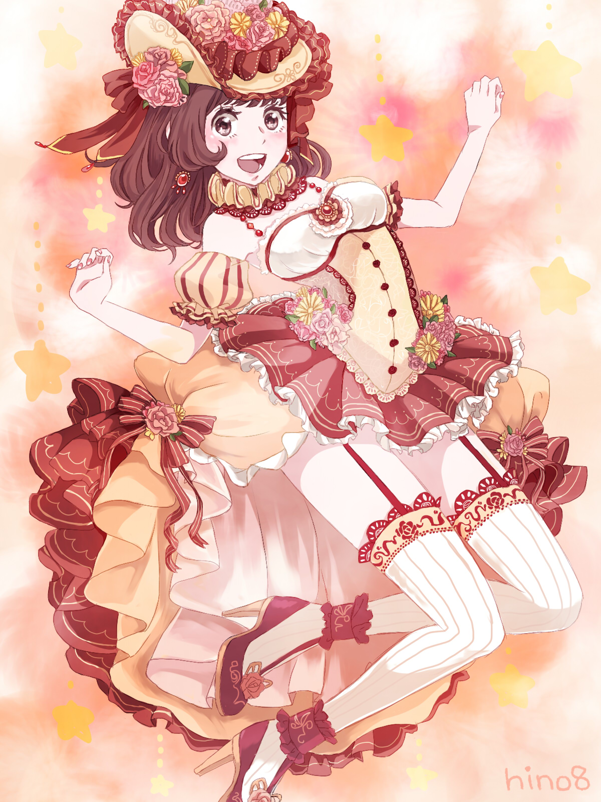 hino (8), miracle nikki, nikki (series), commentary, highres, 1girl, asymmetrical dress, bare shoulders, bow, brown eyes, brown hair, buttons, center frills, daisy (flower), detached sleeves, dress, earrings, eyelashes, flower, frilled anklet, frilled dress, frilled headwear, frilled sleeves, frills, full body, hair flower, hair ornament, happy, hat, hat bow, hat flower, high heels, jewelry, jumping, light blush, long dress, long hair, neck ruff, olivia's dance (miracle nikki), open mouth, pink flower, pink rose, puffy short sleeves, puffy sleeves, red background, red bow, red shoes, ribbed thighhighs, rose, shoes, short sleeves, signature, smile, solo, star (symbol), strapless, strapless dress, striped clothes, striped thighhighs, tareme, teeth, thighhighs, vertical-striped clothes, vertical-striped sleeves, vertical-striped thighhighs, white thighhighs, wide-eyed, yellow dress, yellow flower, yellow hat, yellow sleeves