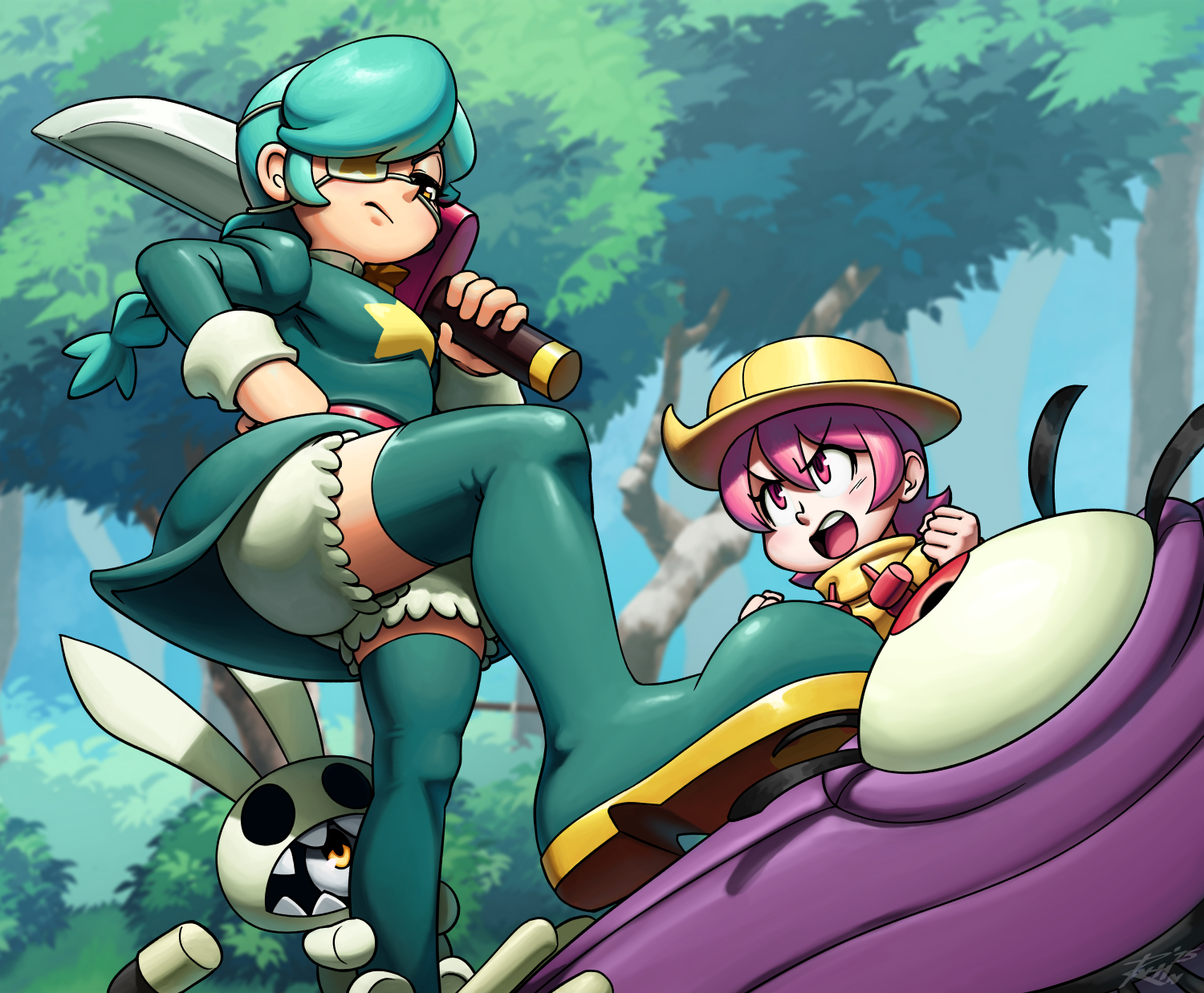revtilian, annie (skullgirls), hungern (skullgirls), sagan (skullgirls), umbrella (skullgirls), skullgirls, 2girls, angry, belt, bloomers, boots, braid, dress, eyepatch, frown, grabbing another's leg, green hair, hand on own hip, hat, holding, holding sword, holding weapon, long hair, looking at another, multiple girls, open mouth, painting (object), pink eyes, pink hair, raincoat, short dress, short hair, stage, stepped on, sword, thigh boots, twin braids, umbrella, underwear, upskirt, weapon, wide-eyed, yellow eyes