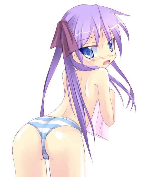kuro (be ok), hiiragi kagami, lucky star, 00s, 1girl, blue eyes, blush, female focus, looking back, panties, purple hair, ribbon, solo, striped clothes, striped panties, topless female, tsurime, twintails, underwear, wedgie
