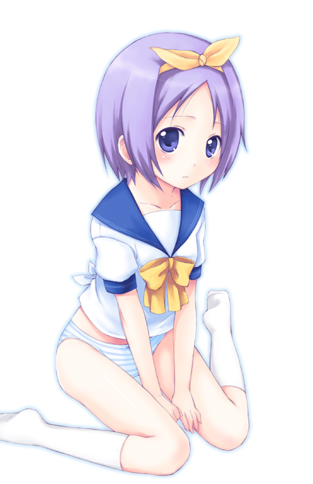 usashiro mani, hiiragi tsukasa, lucky star, 00s, 1girl, female focus, panties, school uniform, serafuku, socks, solo, striped clothes, striped panties, underwear