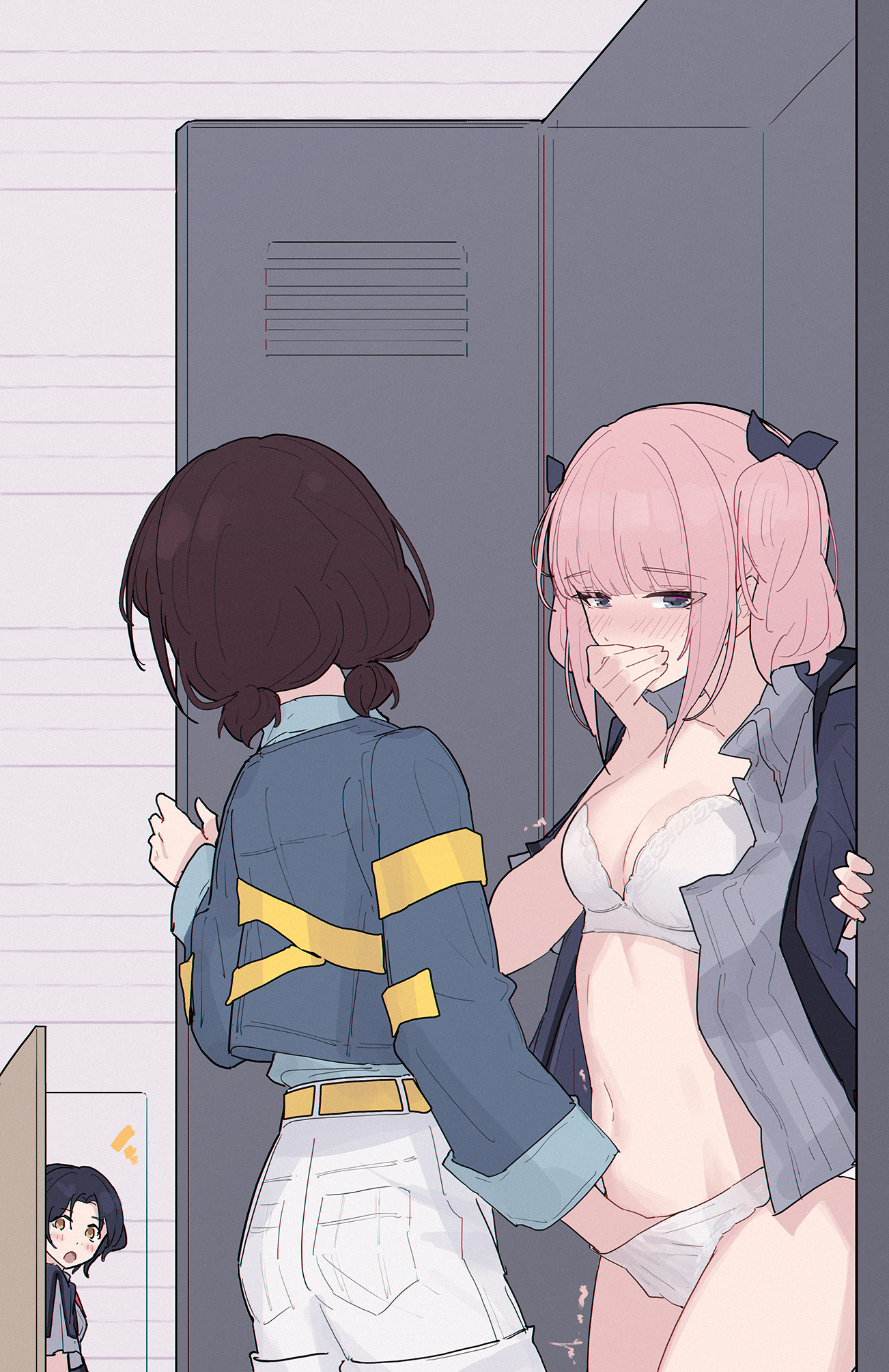 yun cao bing, hina (girls band cry), iseri nina, nana (girls band cry), girls band cry, chinese commentary, commentary request, highres, 3girls, blue hair, blue jacket, blush, bra, breasts, brown hair, cleavage, collared shirt, covering own mouth, fingering, grey eyes, grey shirt, jacket, locker, medium breasts, multiple girls, open clothes, open mouth, open shirt, panties, pink hair, shirt, short twintails, shorts, stealth sex, twintails, underwear, white bra, white panties, white shorts, yuri