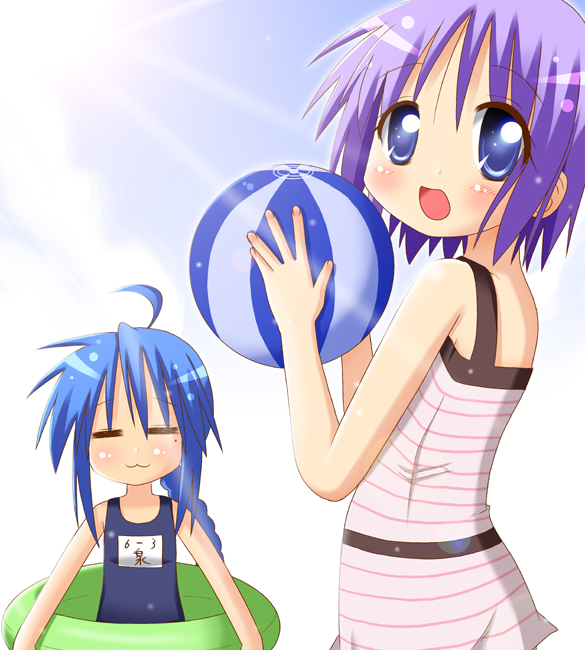 minami (colorful palette), hiiragi tsukasa, izumi konata, lucky star, 00s, 2girls, :3, ahoge, alternate hairstyle, ball, beachball, blue eyes, blue hair, braid, innertube, long hair, mole, mole under eye, multiple girls, one-piece swimsuit, purple hair, school swimsuit, short hair, swim ring, swimsuit