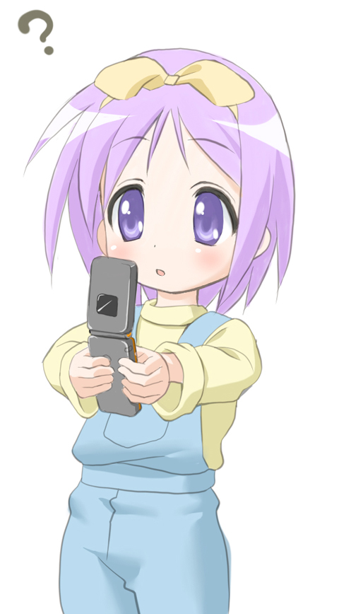 hiiragi tsukasa, lucky star, non-web source, 00s, 1girl, cellphone, female focus, overalls, phone, solo