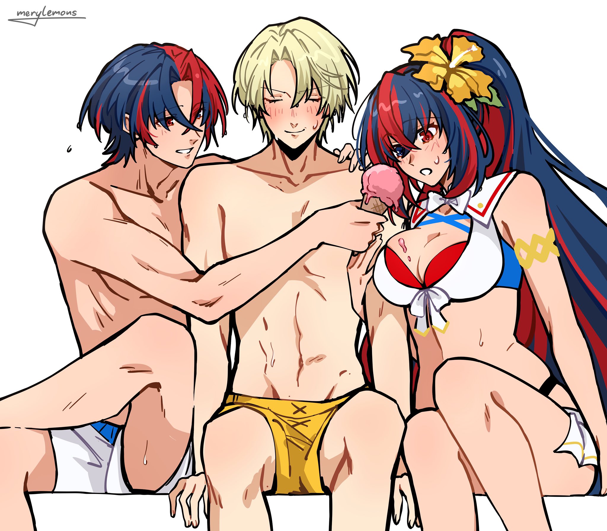 merylemons, alfred (fire emblem), female alear (fire emblem), female alear (seaside dragon) (fire emblem), male alear (fire emblem), fire emblem, fire emblem engage, fire emblem heroes, nintendo, gold armlet, highres, 1girl, 2boys, bikini, blue bikini, crossed bangs, heterochromia, multicolored hair, multiple boys, official alternate hairstyle, prince, red bikini, showgirl skirt, split-color hair, swimsuit, white bikini