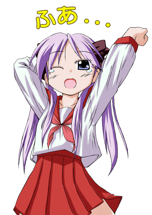 hiiragi kagami, lucky star, 00s, 1girl, blue eyes, female focus, hair ribbon, long hair, one eye closed, open mouth, purple hair, ribbon, school uniform, simple background, solo, stretching, tears, twintails, wink, yawning