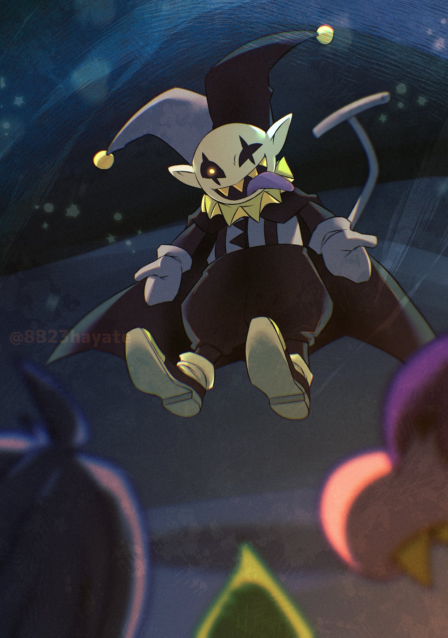 jevil, kris (dark world) (deltarune), kris (deltarune), ralsei, susie (dark world) (deltarune), susie (deltarune), deltarune, utdr (toby fox), highres, 1boy, 1girl, 1other, 8823hayate, ahoge, black sclera, black shorts, colored sclera, colored skin, colored teeth, floating, gloves, hat, jester cap, neck ruff, pale skin, pink skin, sharp teeth, shoes, shorts, suspenders, tail, teeth, twitter username, yellow eyes, yellow shoes, yellow teeth