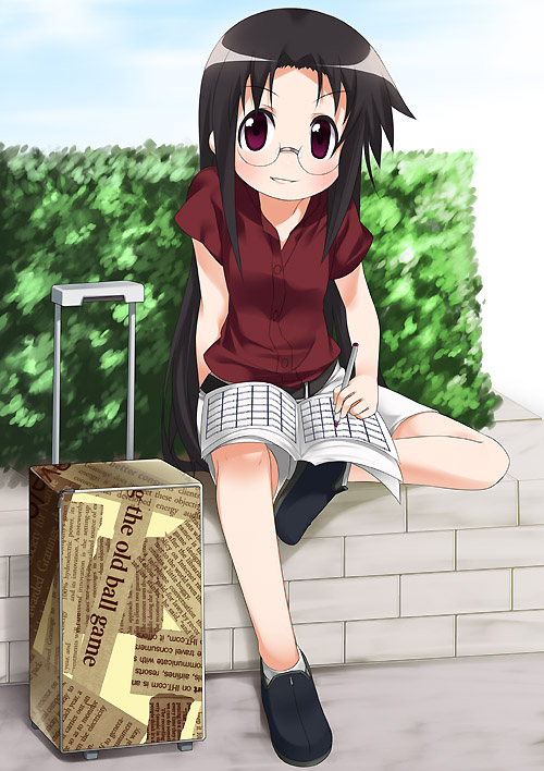 mizuki makoto, tamura hiyori, lucky star, 00s, 1girl, belt, black hair, brown hair, bush, female focus, full body, glasses, loafers, long hair, looking at viewer, plant, red eyes, rimless eyewear, rolling suitcase, shirt, shoes, short hair, short sleeves, sitting, smile, solo, spread legs, suitcase, t-shirt