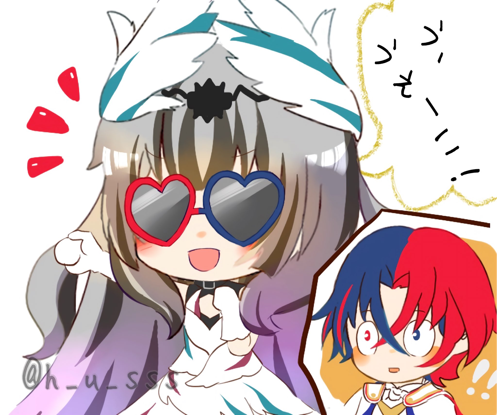 h u sss, male alear (fire emblem), veyle (fire emblem), fire emblem, fire emblem engage, nintendo, highres, 1boy, 1girl, black choker, black hair, brother and sister, choker, crossed bangs, grey hair, hair ornament, heterochromia, long hair, looking at viewer, multicolored hair, prince, siblings, smile, two-tone hair, very long hair, wavy hair, wing hair ornament